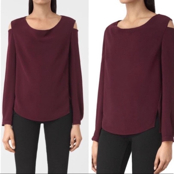 All Saints Lia Cold Shoulder Burgundy Blouse - Picture 1 of 7
